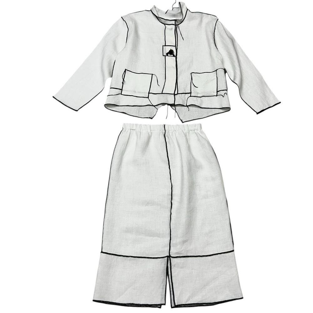Vintage XiAO White Linen 2 Piece Set Contrast Stitch Jacket Skirt Minimalist